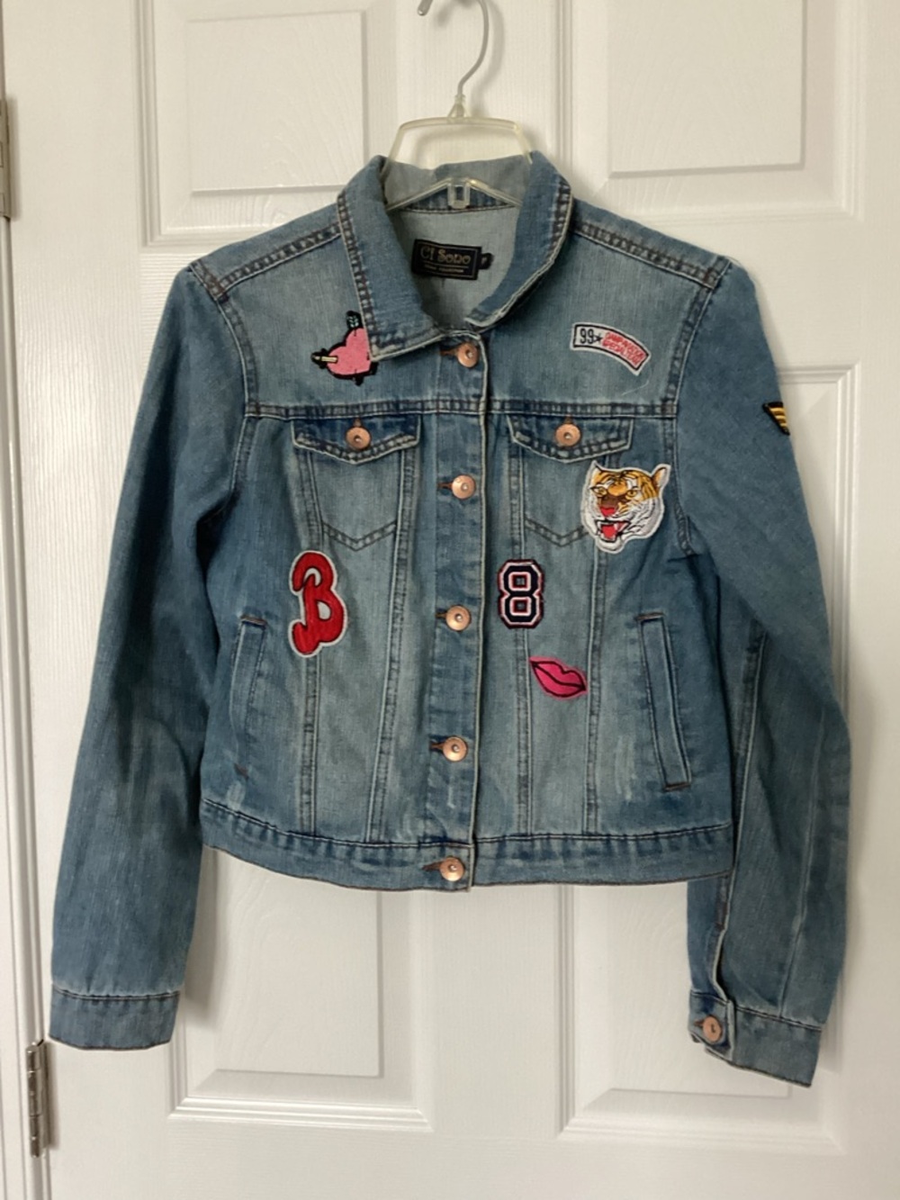 Ci Sono Light Blue Denim Jean Jacket with Embroidered Patches